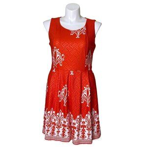 New York & Company Stretch Orange White Damask Skater Dress, Women's Size L